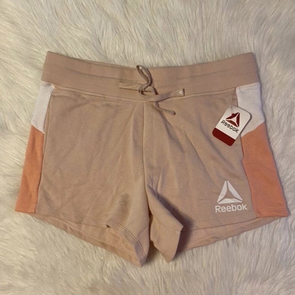 Reebok‎ Sweat Shorts Womens Size XL Pink White Relaxed Short Drawstring Pockets